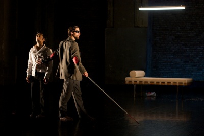 Boris Nebyla as blind Oedipus teaches Kun Chen Shih to see with a stick