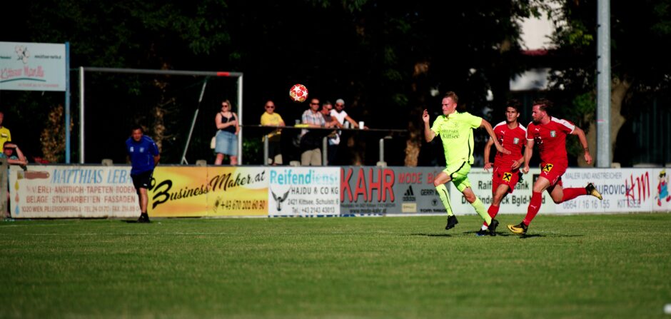 Jozef Sombat darts ahead of Parndorf defenders