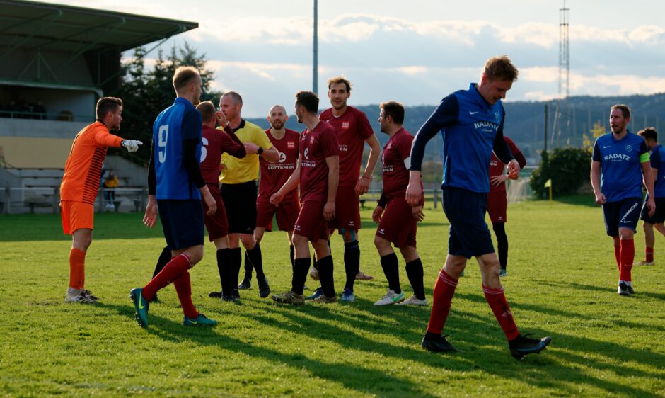 Sombat Penalty Sequence 16: Is Sombat smiling as he walks off or is he genuinely injured? UFC Pama, and particularly keeper Julius Pentek are convinced it's been an elaborate ruse. Subject: soccer;football;burgenland;kittsee;Jozef Sombat;Julius Pentek;Andreas Roth;Markus Kouba