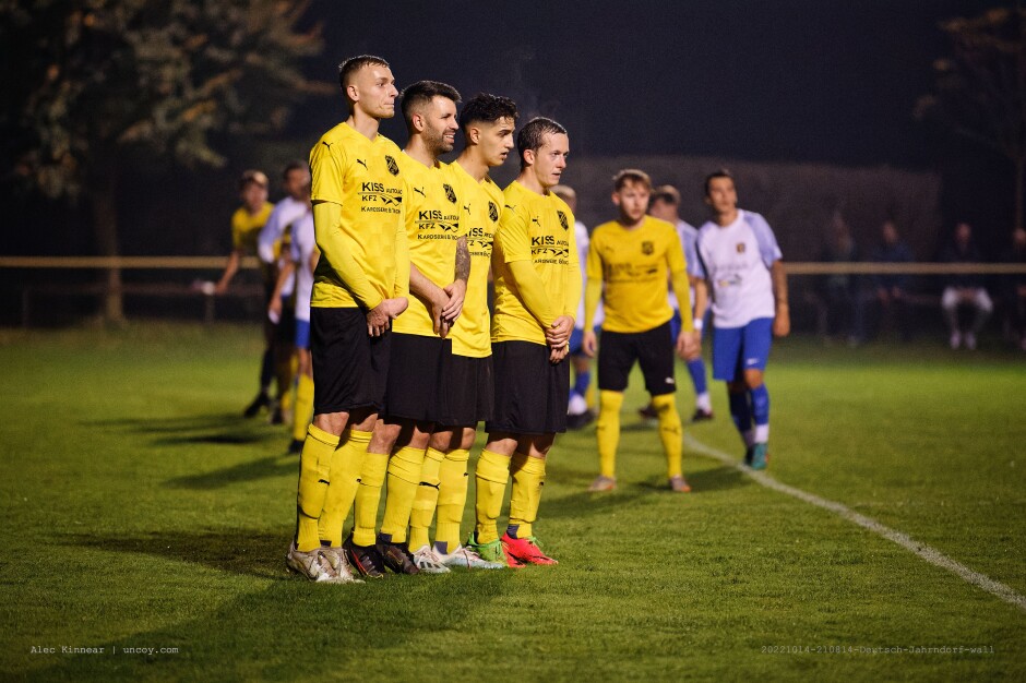 Deutsch Jahrndorf wall: The game became a bit chippy in the last thirty minutes. SC Kittsee enjoyed three or four penalty shots within striking distance of the net. David Bodo, Juraj Tomascek, Irfan Akbiyik and Martin Puster make up a worried wall. Subject: SC Kittsee;ASV Deutsch Jahrndorf;II Liga Nord;Burgenland;soccer;football;David Bodo;Juraj Tomascek;Irfan Akbiyik;Martin Puster