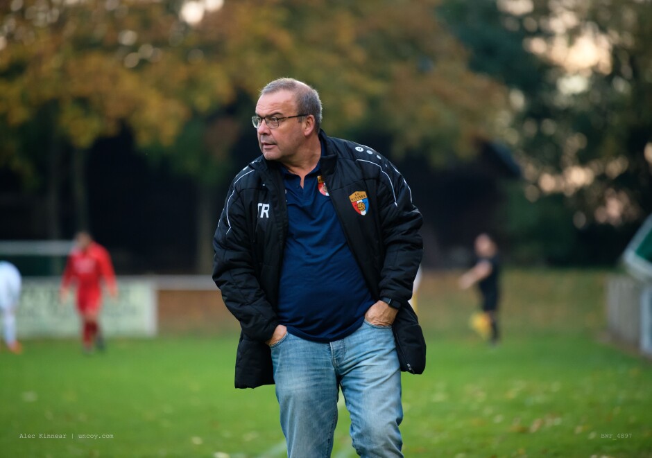 Manfred Wachter patrols the Kittsee sidelines: SC Kittsee coach Manfred Wachter was unusually intense at the Illimitz game. Subject: soccer;football;burgenland;kittsee;SC Kittsee;FC Illmitz;Manfred Watchter