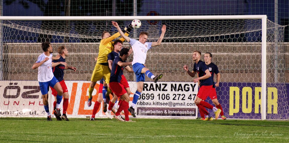 Jozef Sombat leaps for a header in a last ditch attempt to tie: We are already in extra time here but it was good to see that SC Kittsee fought to the closing whistle, even though ASV Deutsch Jahrndorf had controlled most of the game. Subject: Jozef Sombat;Michael Unger