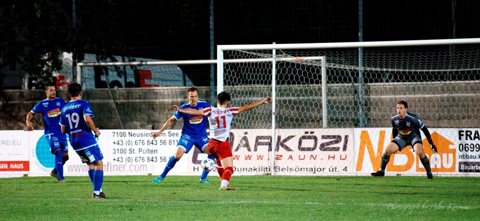 Chance to put game away: Frantisek Nagy the goal scorer has a chance here to put the game away. It's a joy for SC Kittsee fans to see the worry on the faces of Milan Bortel and Johannes Den. Subject: SC Kittsee;SV Gols;burgenland;football;kittsee;soccer