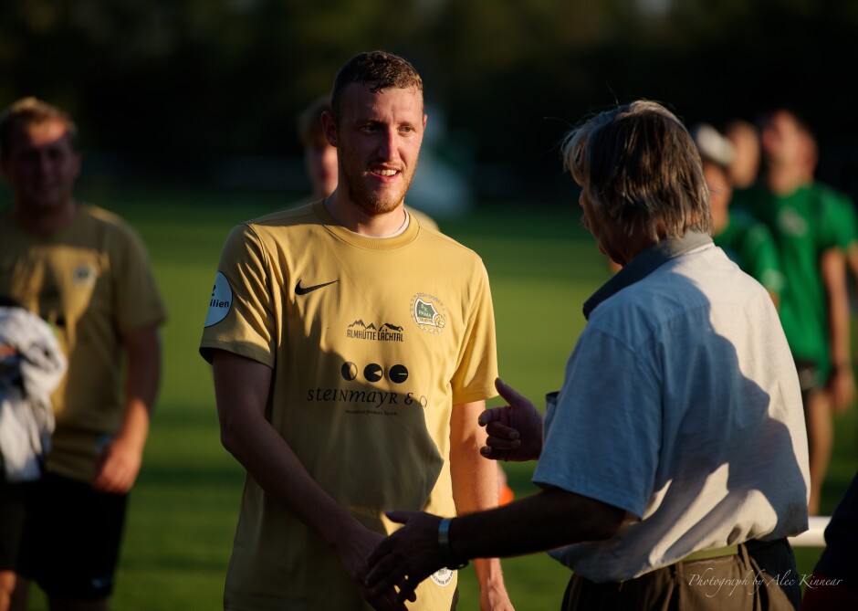 Christian Hafner accepts congratulations: Even some SC Kittsee supporters were congratulating Hafner on UFC Pama's strong game. Gracious in defeat. Subject: soccer;football;burgenland;kittsee;SC Kittsee;UFC Tadten