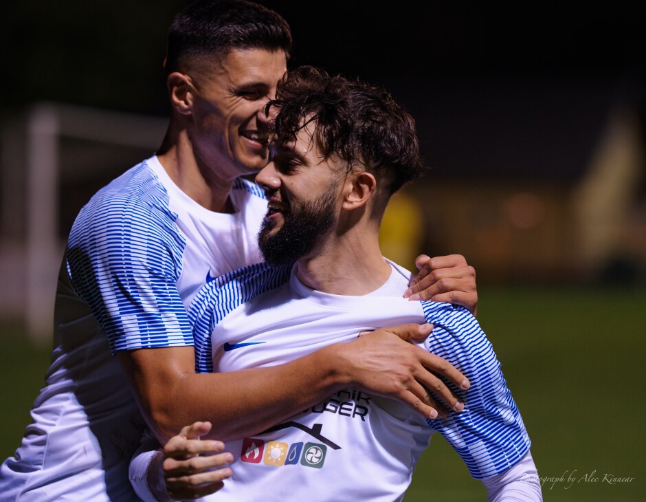 Aleksandar Stanojcic congratulates Frantisek Nagy: There are so few moments in life where one is truly happy. Post-goal is one of them. This is the adrenaline of sports. Enjoy gentlemen. Subject: soccer;football;burgenland;kittsee;SC Kittsee;SC Breitenbrunn;Frantisek Nagy;Aleksandar Stanojcic