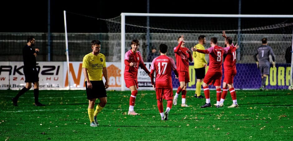 Goal 4!: SC Kittsee celebrate Edin Planic's own goal to take the score to 4:0 in minute 85. Milan Losonci walks away dejected. Subject: soccer;football;burgenland;kittsee;SC Kittsee;ASV Deutsch Jahrndorf