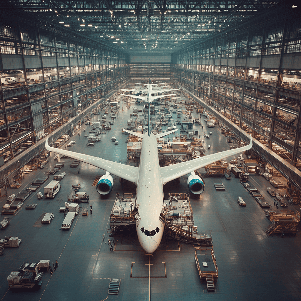 Boeing factory floor airplane being built