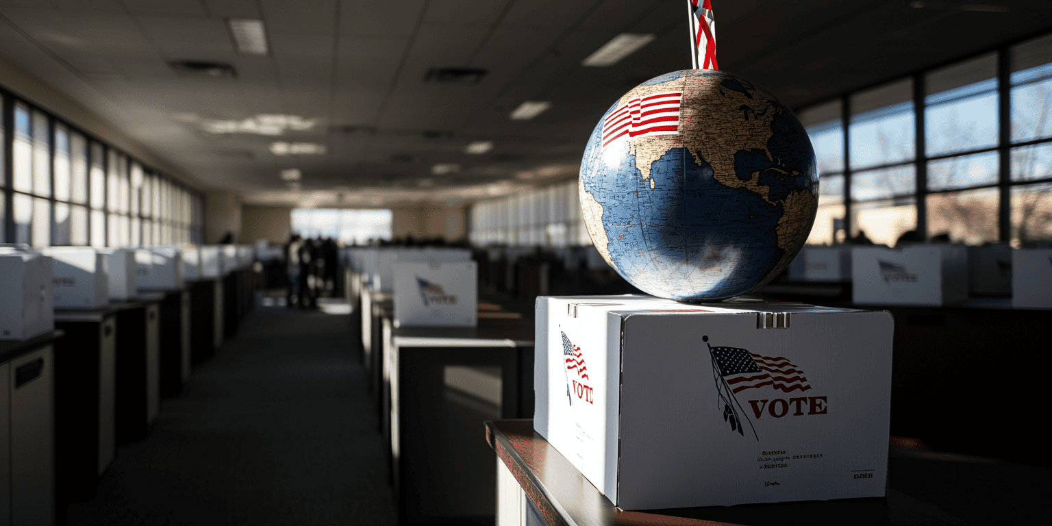 A US Globe on top of an election booth, in a room of Election booths next to a casting station with white boxes labeled "Vote" and the flag of the USA on top in an office building. A diligent crowd is working inside, in close-up. Sunlight, bright light, high-resolution photography. --ar 2:1 --v 6.1 Job ID: 4f3fddfe-9b6b-411b-8723-6611829b69d1